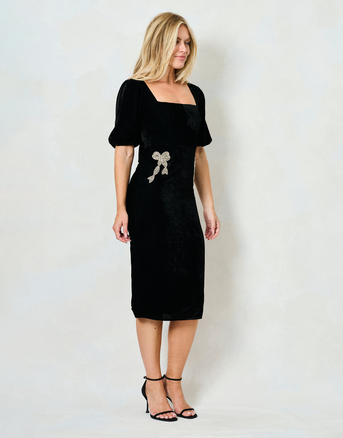The Alba Puff Sleeve Midi Dress With Embellished Bow Details