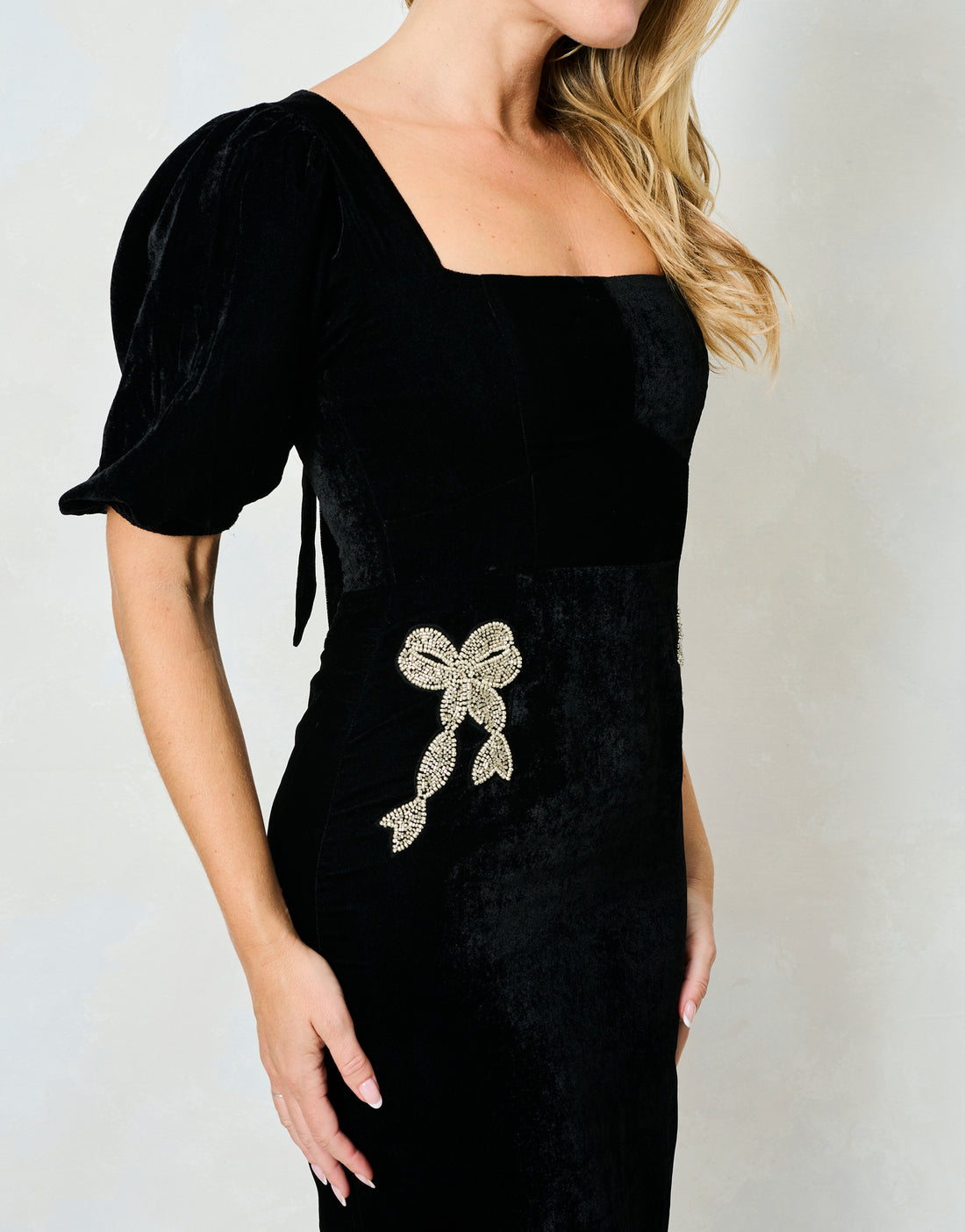 The Alba Puff Sleeve Midi Dress With Embellished Bow Details