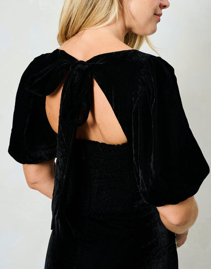 The Alba Puff Sleeve Midi Dress With Embellished Bow Details