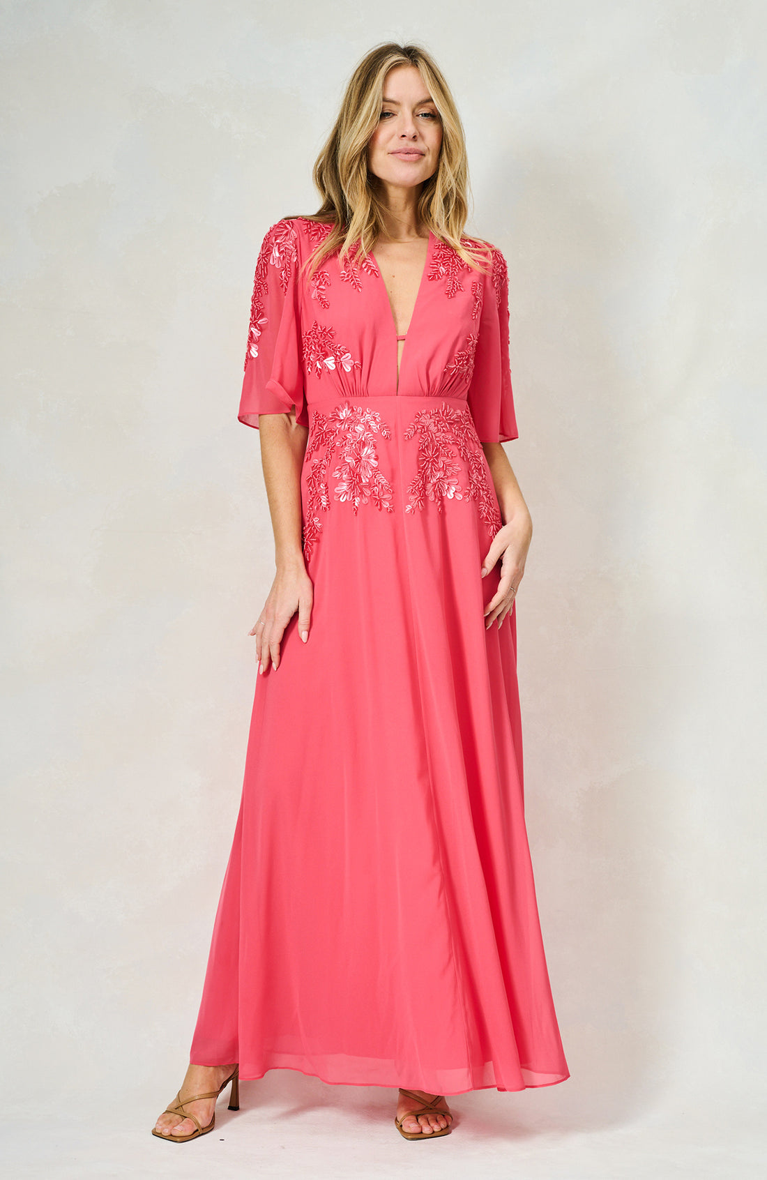 Hope &amp; Ivy Kemi  Plunge Front Embellished Maxi Dress With Flutter Sleeve