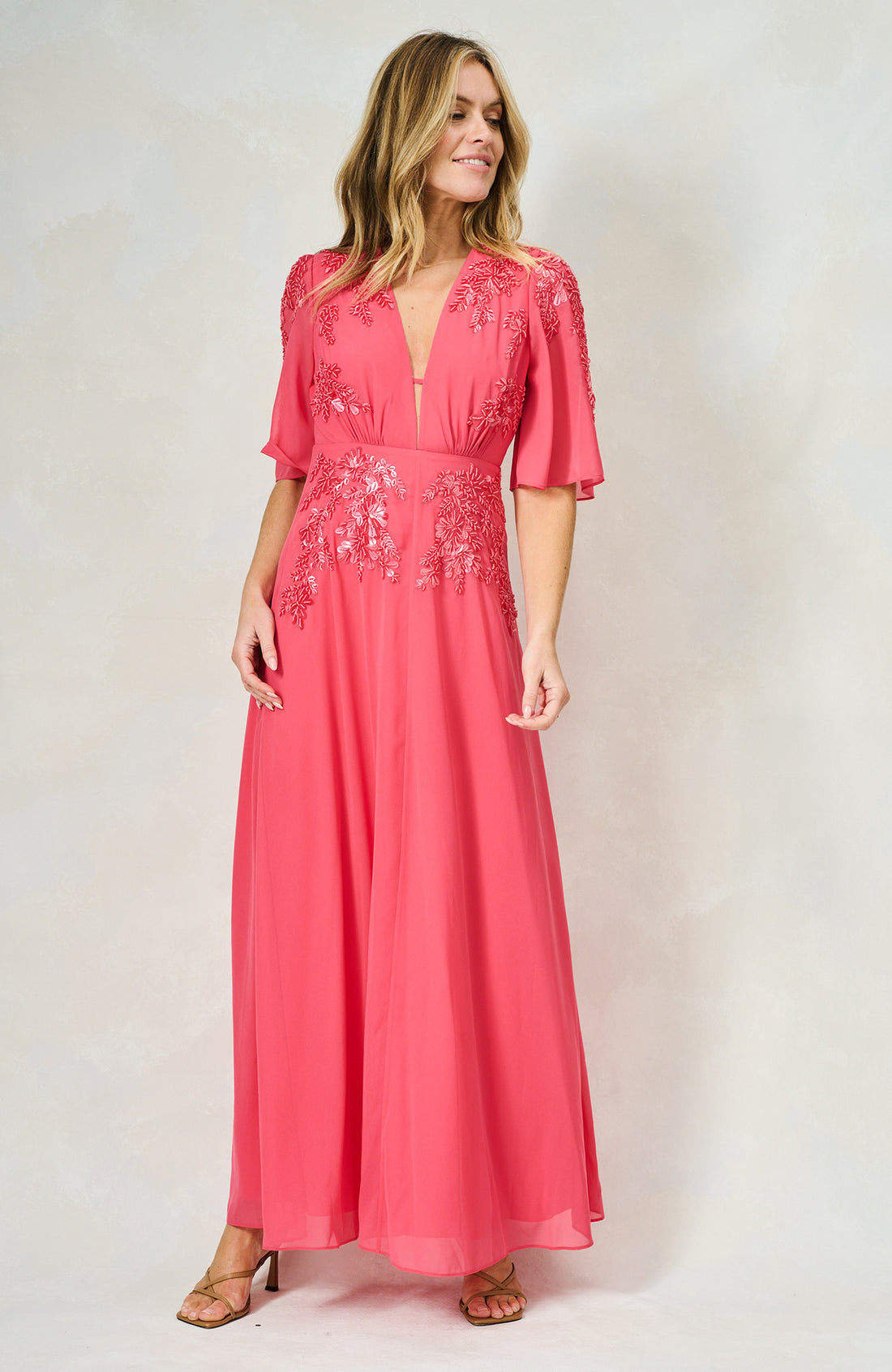 Hope &amp; Ivy Kemi  Plunge Front Embellished Maxi Dress With Flutter Sleeve