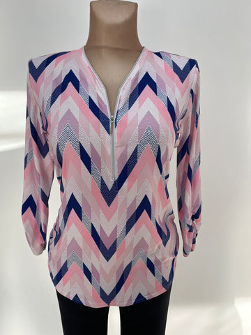 Yew V neck Top with Zip detail. Pink and navy mix 3842 Chevron