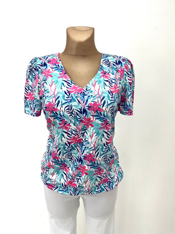 Yew V Neck top with short sleeve in blue floral print 4153 Ss Blue