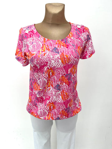 Yew Round neck top with short sleeves in pink floral print 4152 Ss Pink