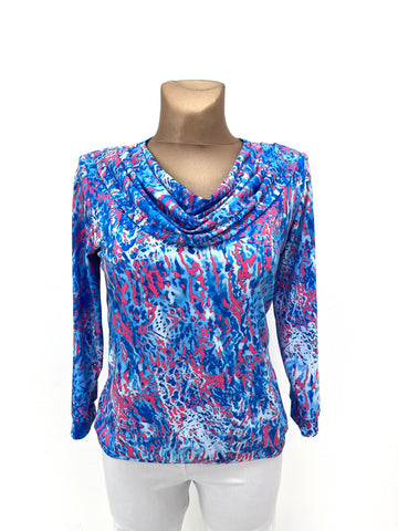 Yew Cowl drape neck top in /blue and pink print 2647 Cowl