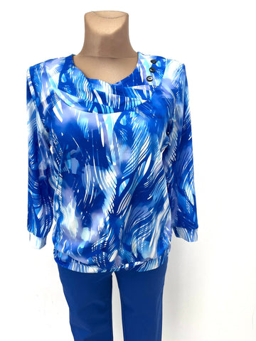 Yew Drape neck top with button detail. ~Blue print 1133