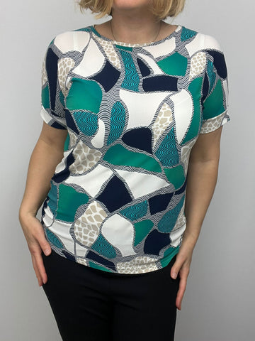 Ilona Short Sleeve Round Neck top Green and navy Print