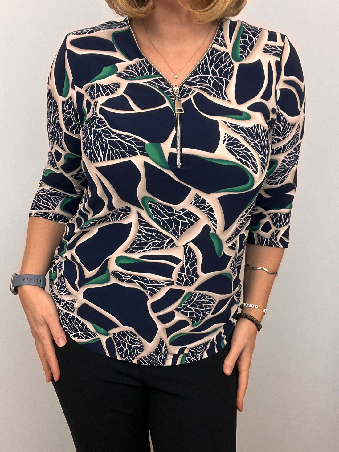 Ilona zip top in Navy beige and green print Zip25 4