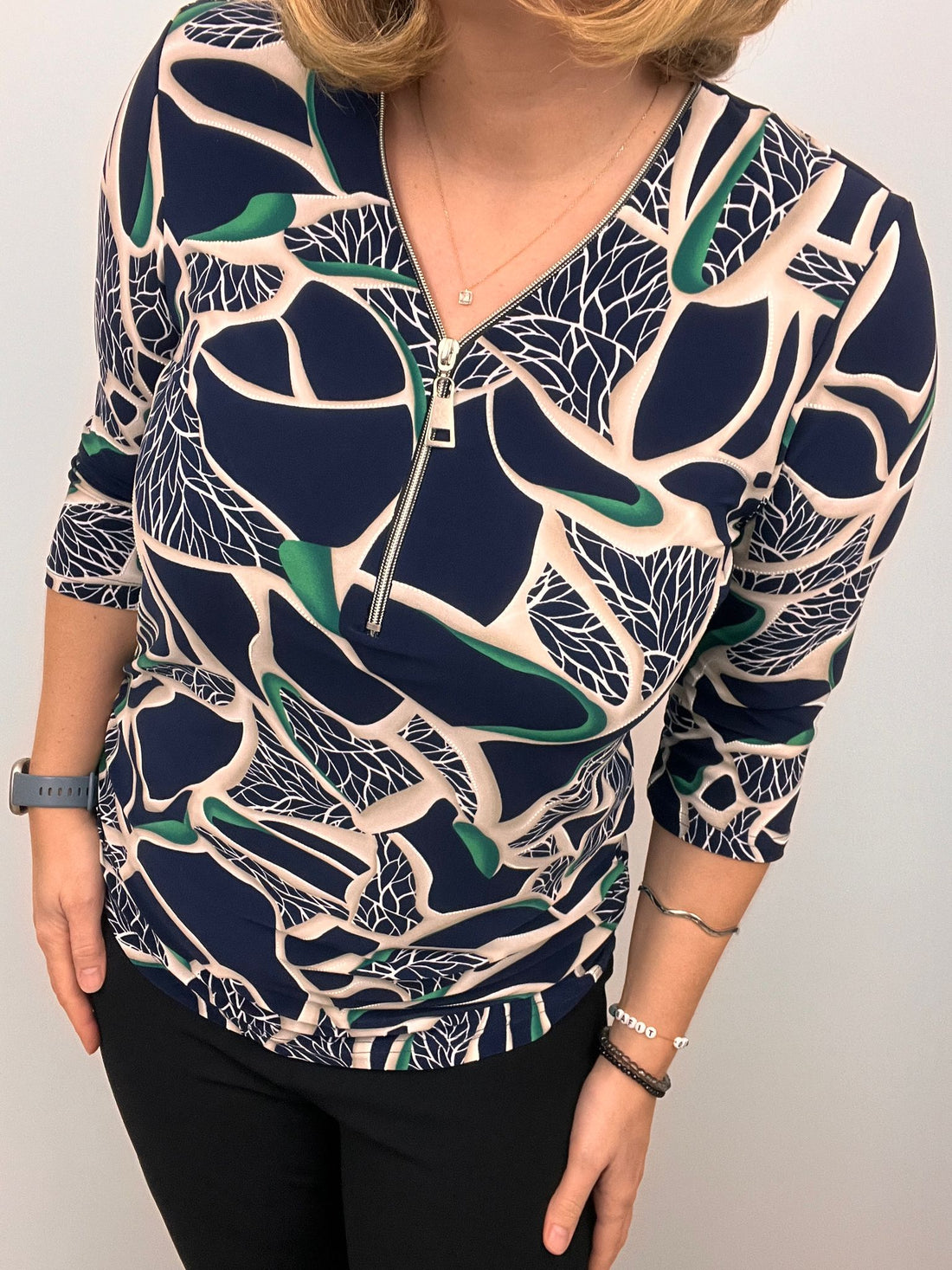 Ilona zip top in Navy beige and green print Zip25 4