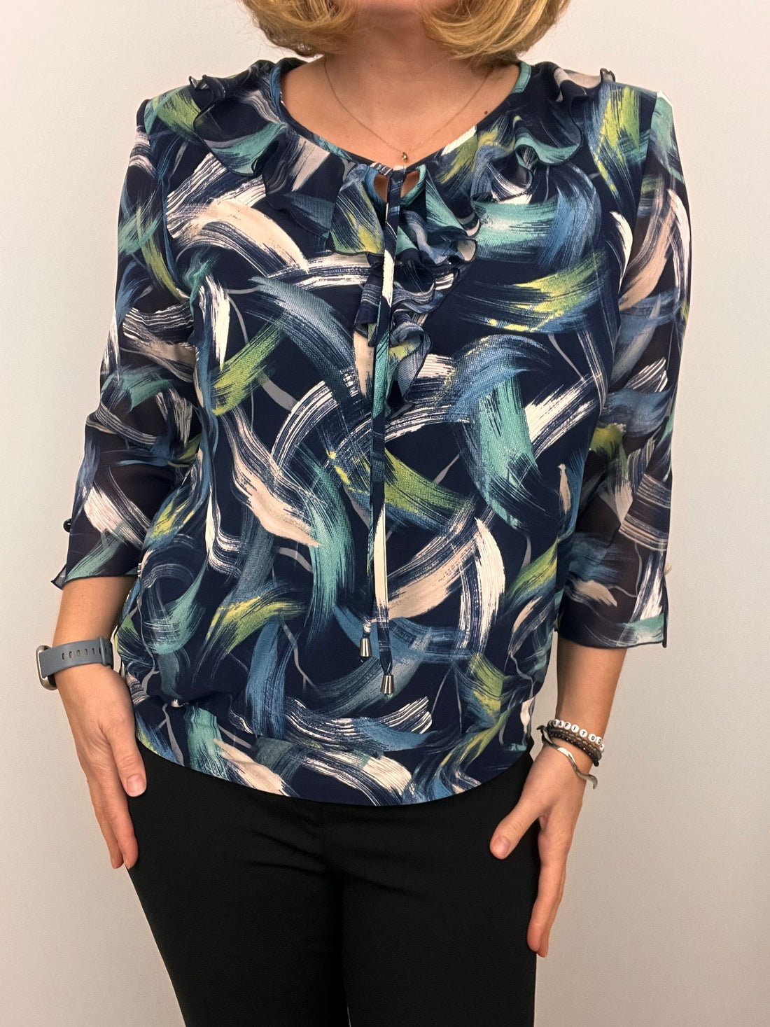 Ilona Ruffle  Blouse in Navy and Green Print