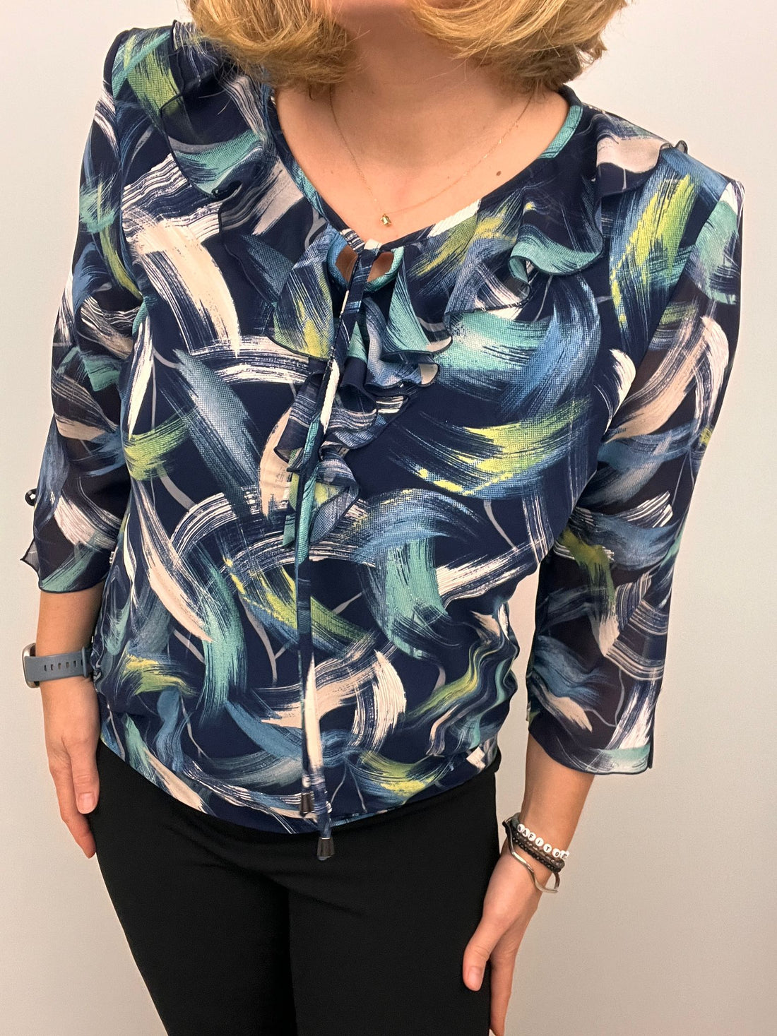 Ilona Ruffle  Blouse in Navy and Green Print