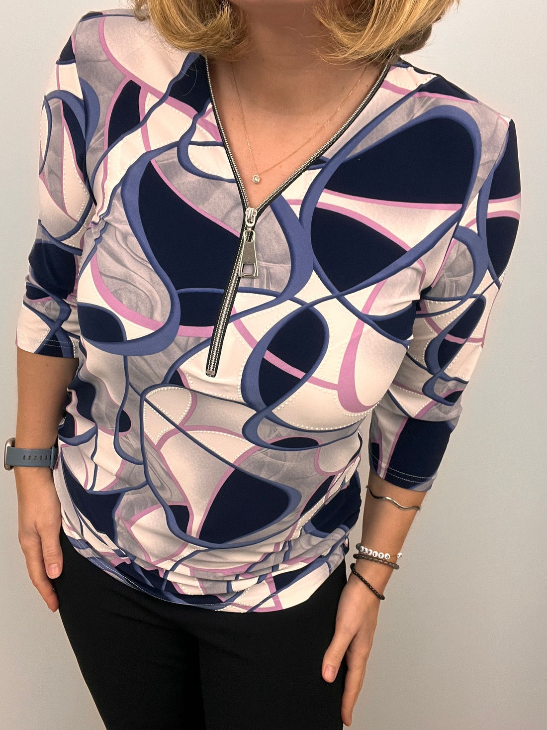 Ilona zip top in pink navy and white print  Zip25 2