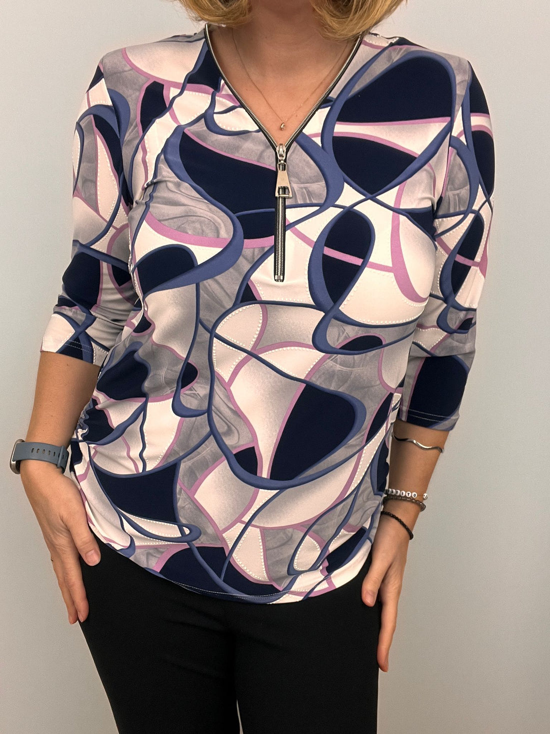 Ilona zip top in pink navy and white print  Zip25 2