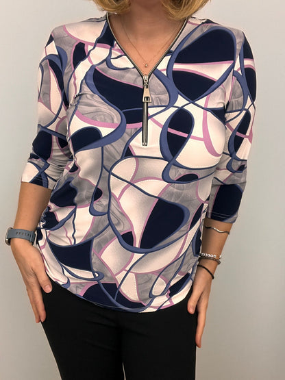 Ilona zip top in pink navy and white print  Zip25 2
