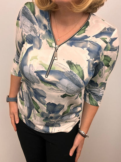 Ilona Zip top in Blue Green and White Print Zip25 1