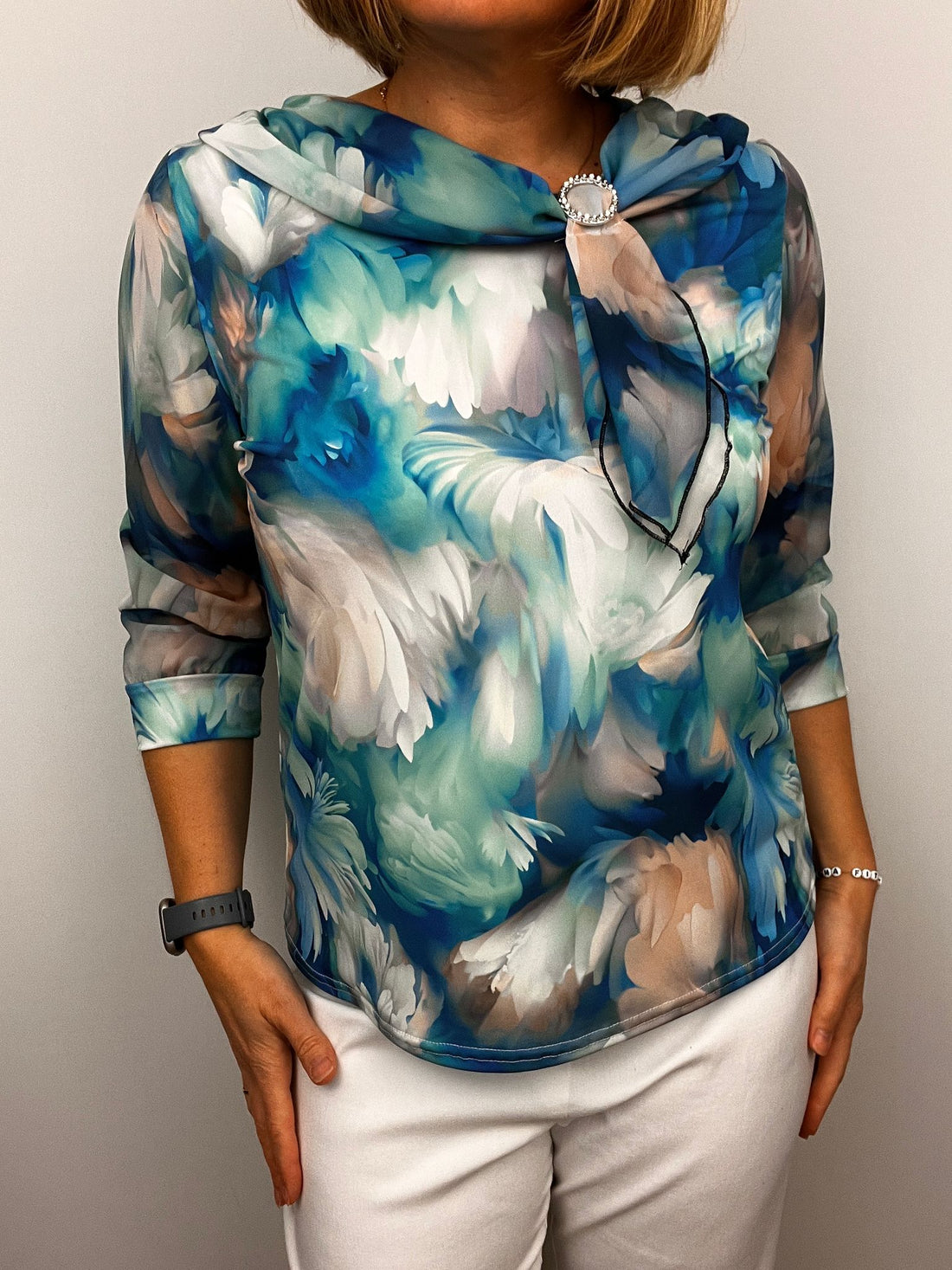 Beth Top with draping neckline in Blue green print