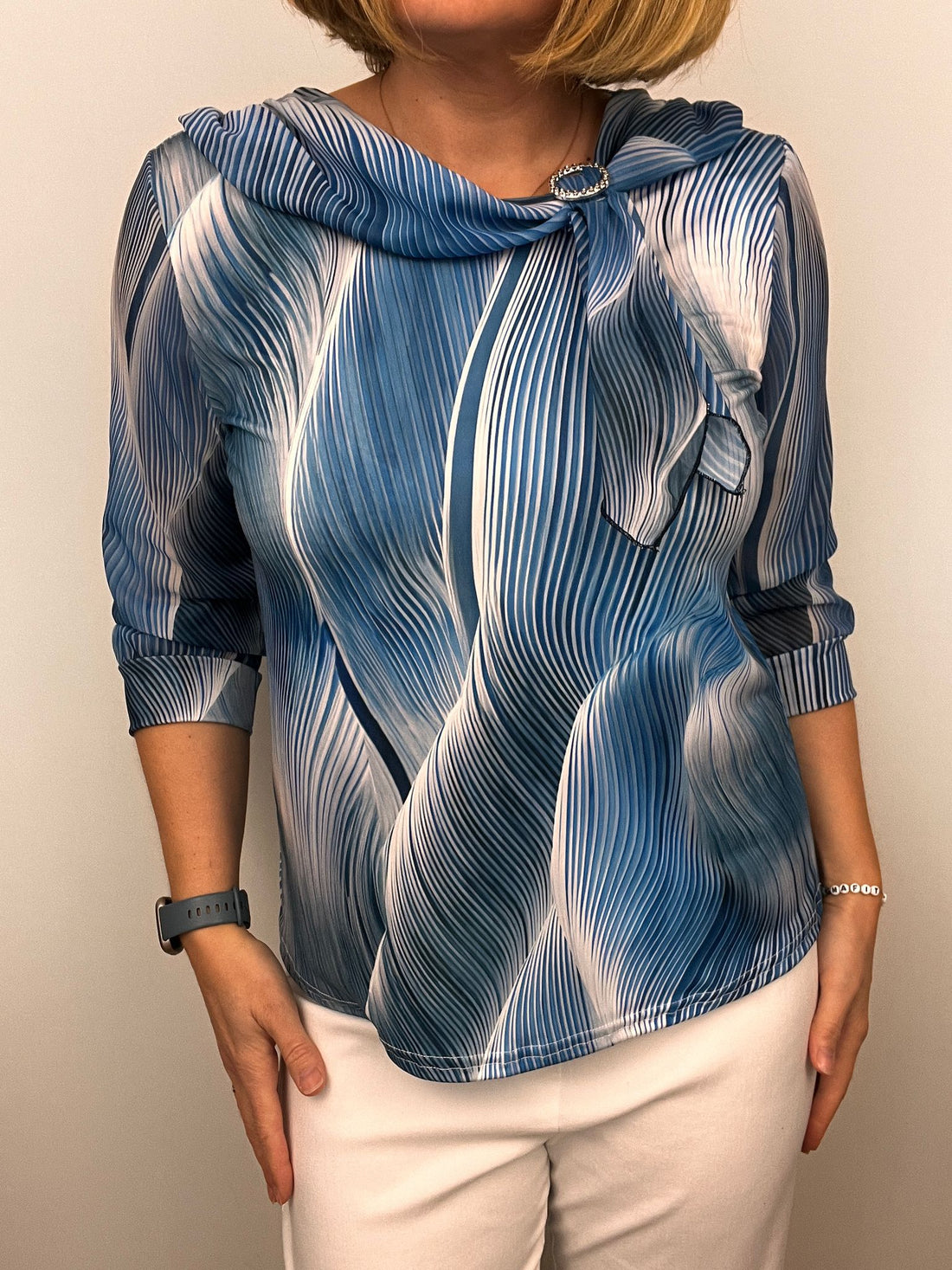 Amanda Top with drape neckline in blue and navy print