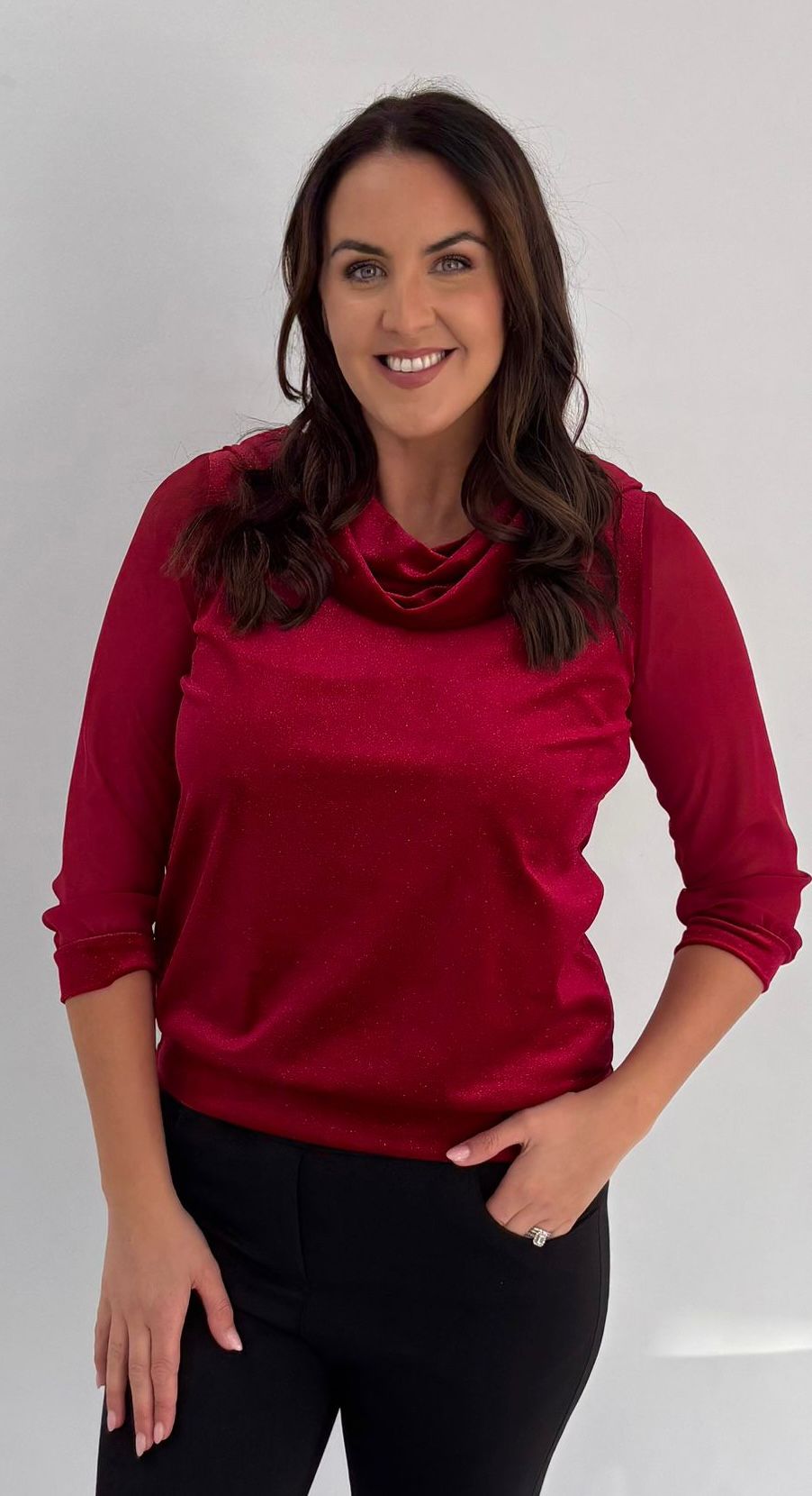 Yew Red Velvet shimmer Cowl neck to with sheer sleeves