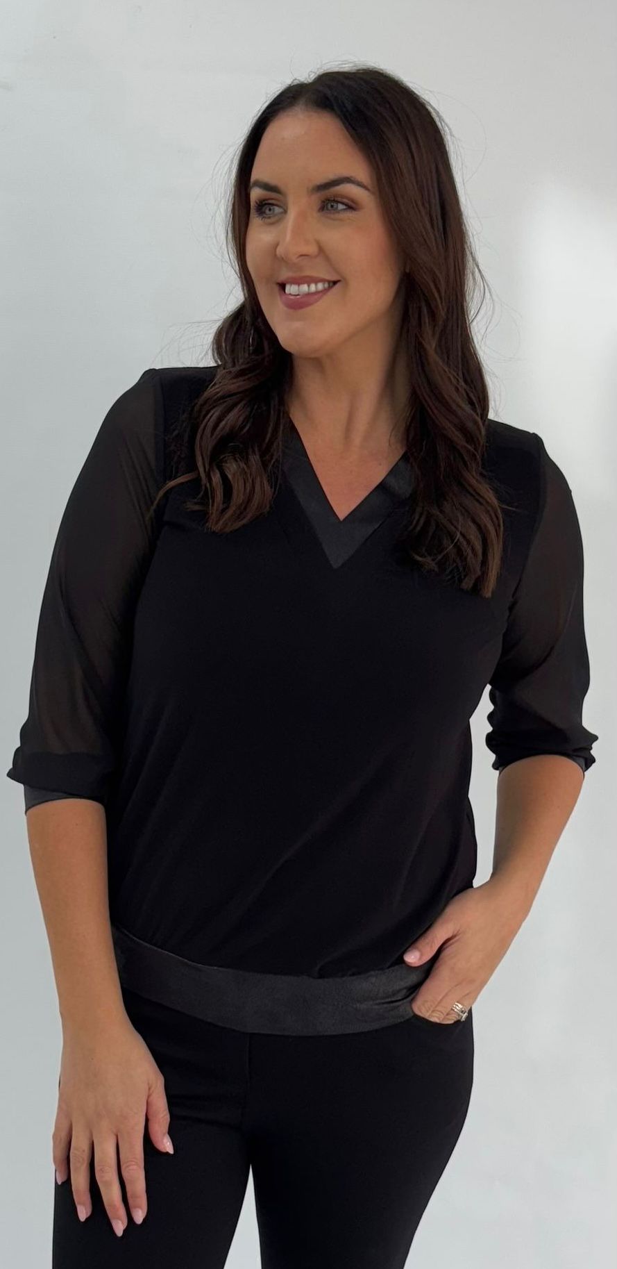 Yew  Black V neck Top with Faux leather trim