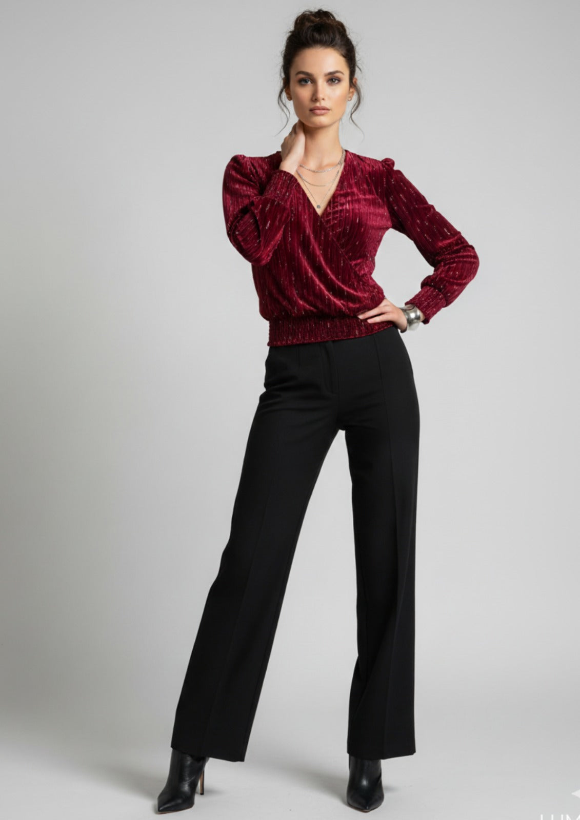 Marc Angelo Plush Velvet Wrap top in Wine