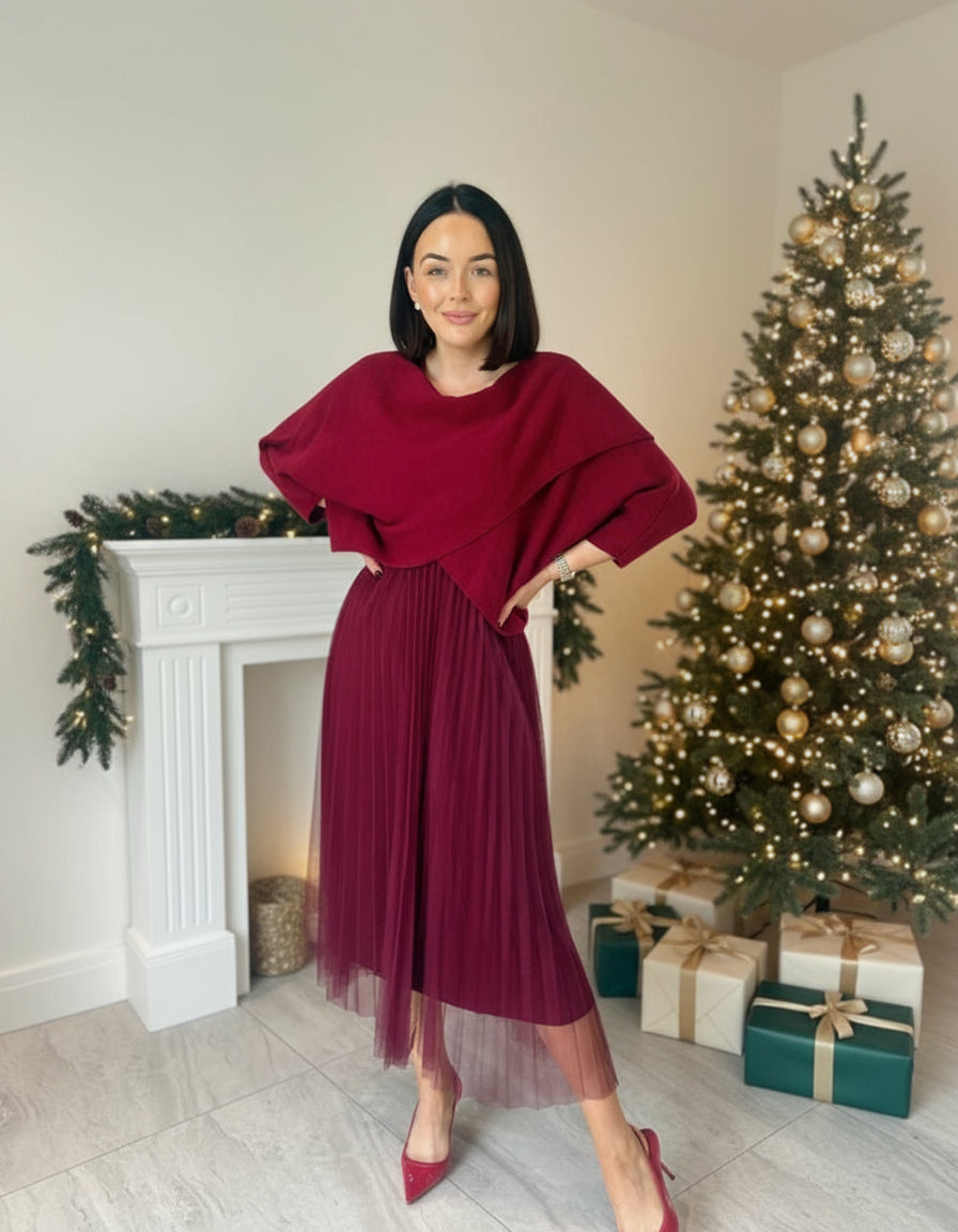 Tulle Dress with Knit in Rich Burgundy or Black or Forest Green