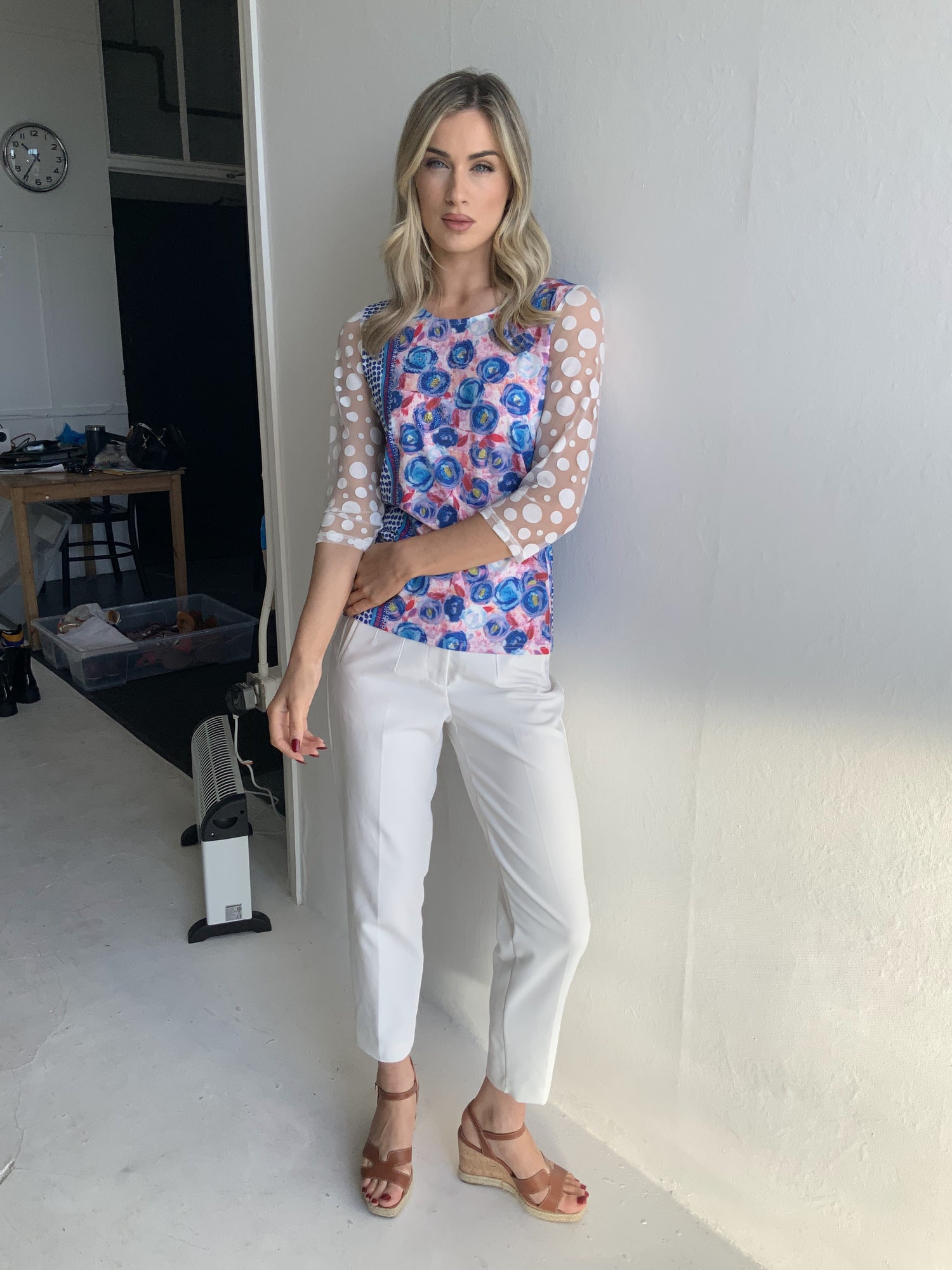 Libra Royal blue print top with contrast sleeve Lt1914po