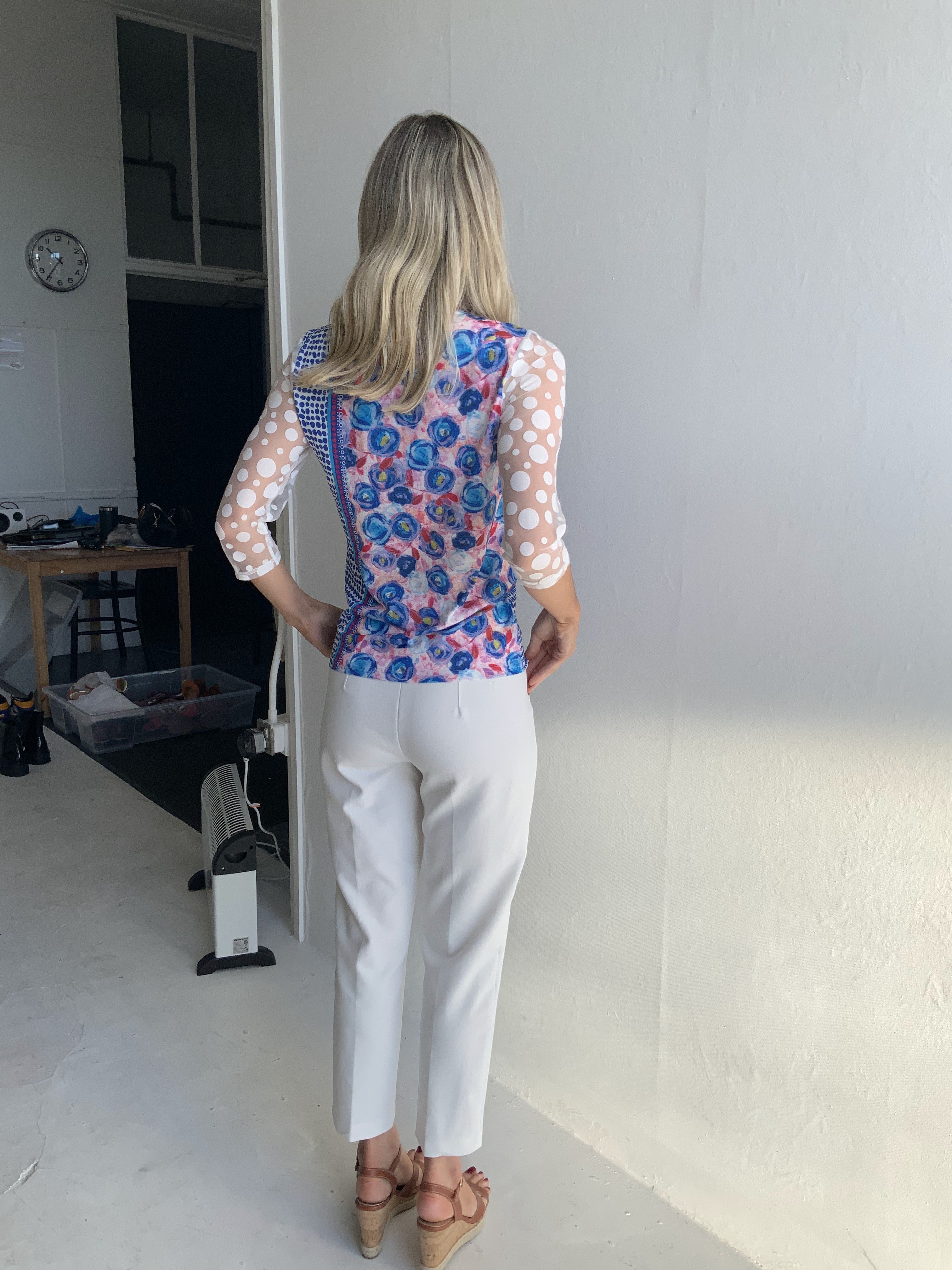 Libra Royal blue print top with contrast sleeve Lt1914po