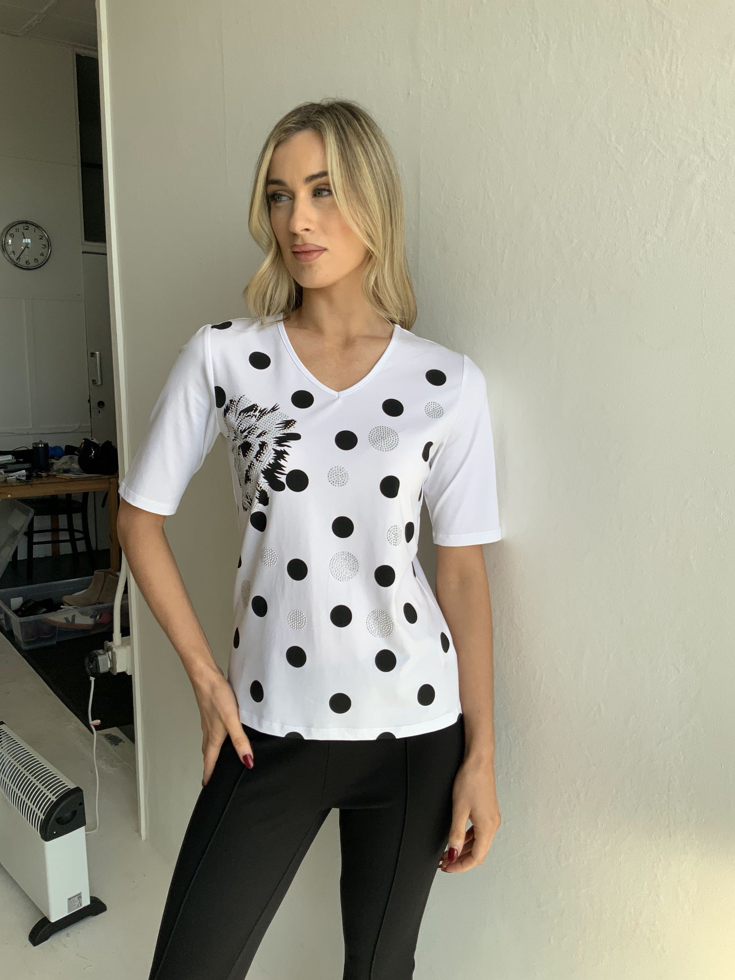 Libra White V neck t shirt with black polka dot and silver gemstones Lt927