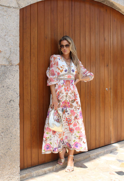 Stella Border print maxi dress with long sleeve and v neckline
