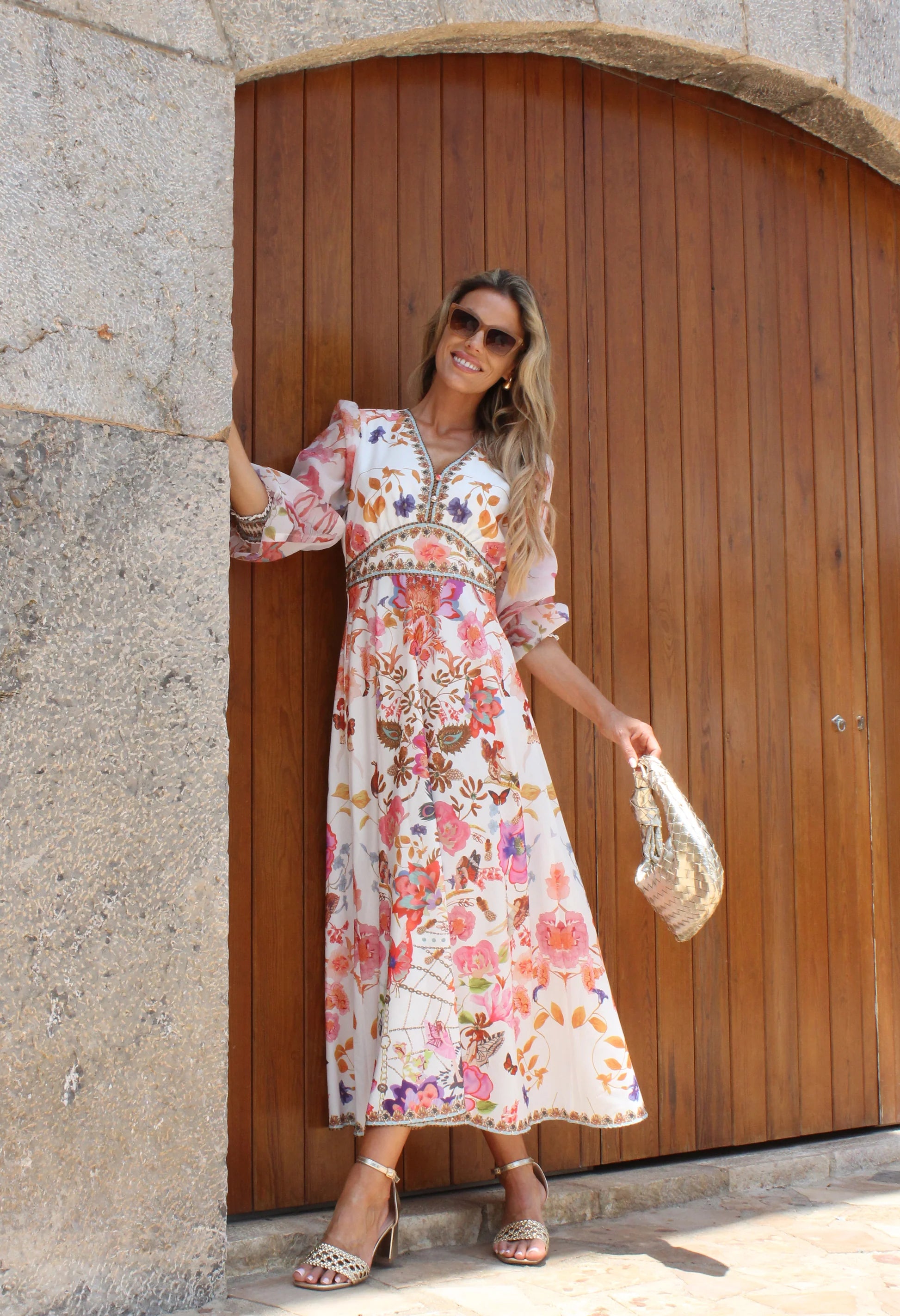 Stella Border print maxi dress with long sleeve and v neckline