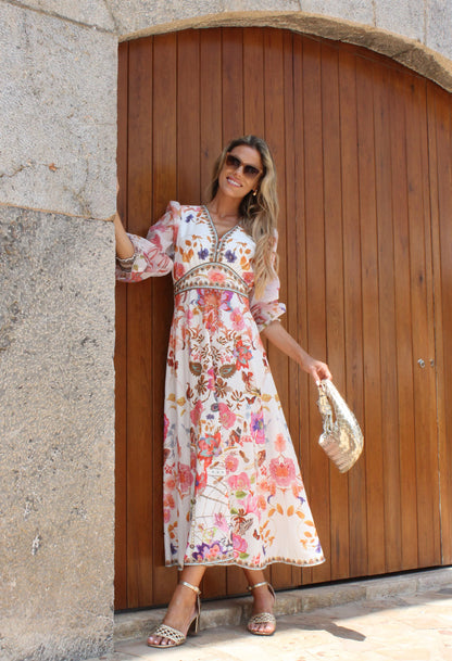 Stella Border print maxi dress with long sleeve and v neckline