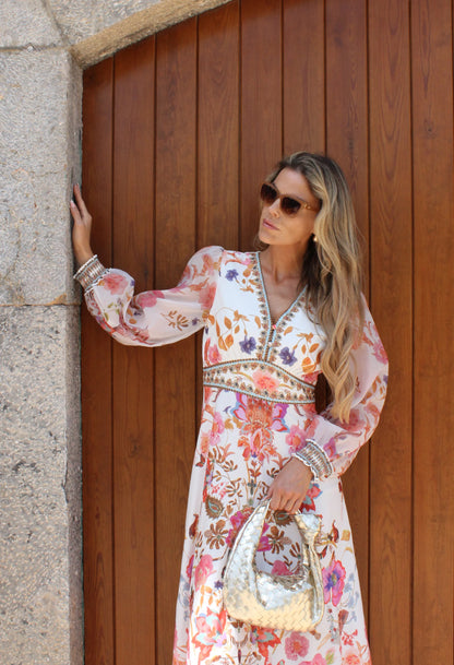 Stella Border print maxi dress with long sleeve and v neckline