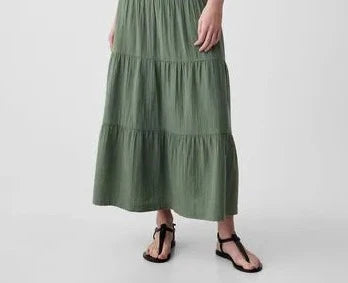 Crinkle Fabric Tiered Maxi Skirt in Black or Green  32217