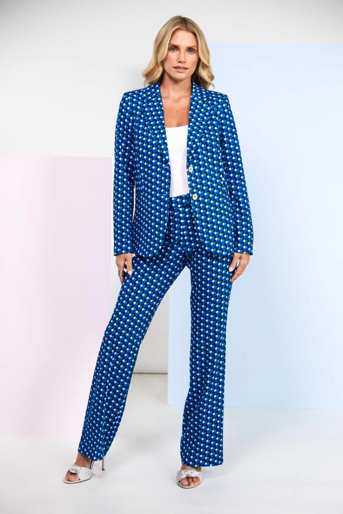 Kate Cooper Geometric print trouser suit in Dazzling Blue  Kcs25125/126