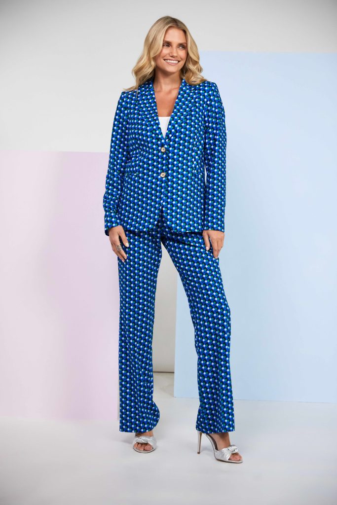 Kate Cooper Geometric print trouser suit in Dazzling Blue  Kcs25125/126