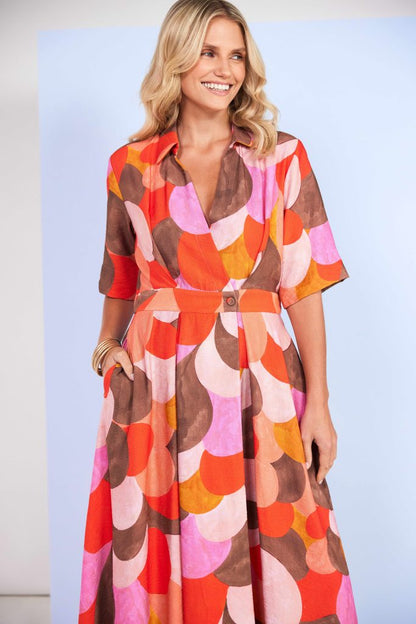 Kate Cooper Polka Dot Colour Mix Mock Wrap Dress With Button Waist  Kcs26129