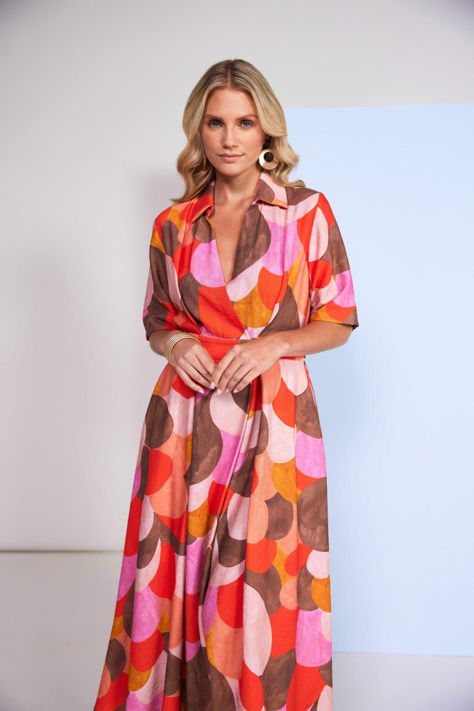Kate Cooper Polka Dot Colour Mix Mock Wrap Dress With Button Waist  Kcs26129