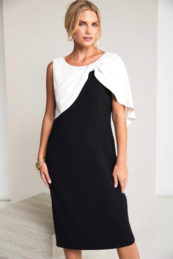 Kate Cooper Black and White Dress with Pleated Bow cape detail Kcs26153