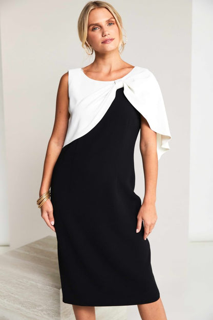 Kate Cooper Black and White Dress with Pleated Bow cape detail Kcs26153