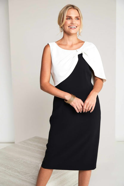 Kate Cooper Black and White Dress with Pleated Bow cape detail Kcs26153