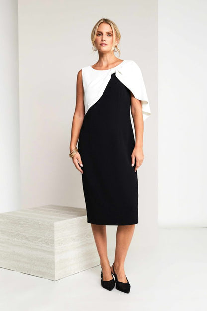 Kate Cooper Black and White Dress with Pleated Bow cape detail Kcs26153