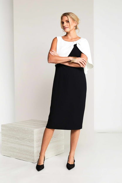 Kate Cooper Black and White Dress with Pleated Bow cape detail Kcs26153