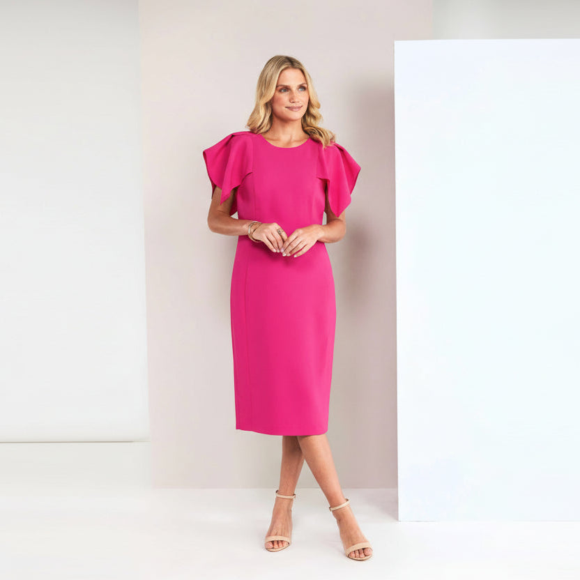 Kate Cooper Dress With Box Pleated Frill Effect Sleeve in Hot Pink  Kcs26159