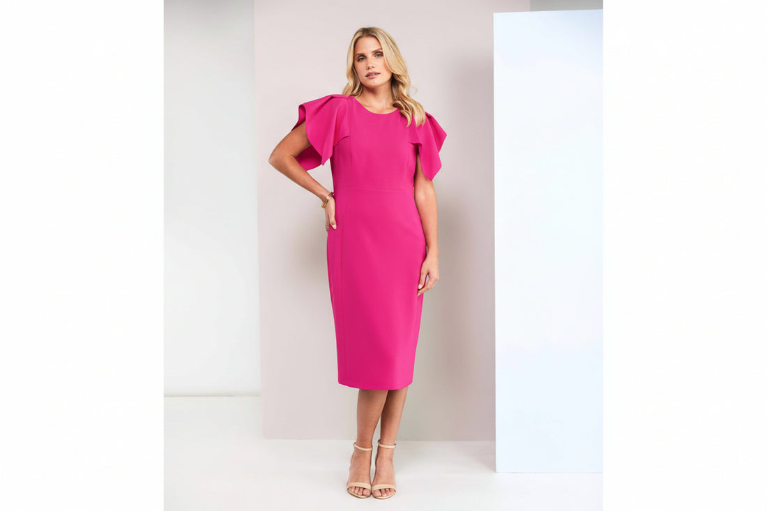Kate Cooper Dress With Box Pleated Frill Effect Sleeve in Hot Pink  Kcs26159
