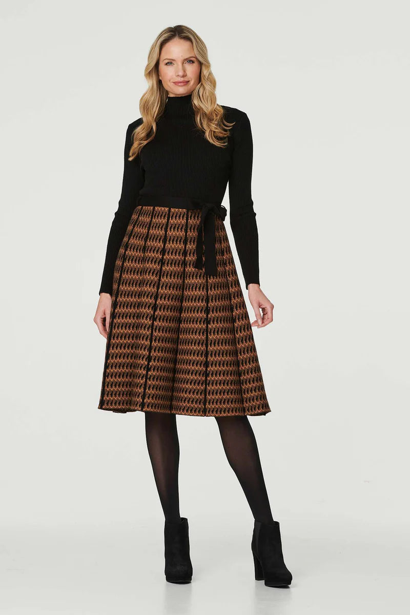 Black and Tan Knit Knee length dress with belt