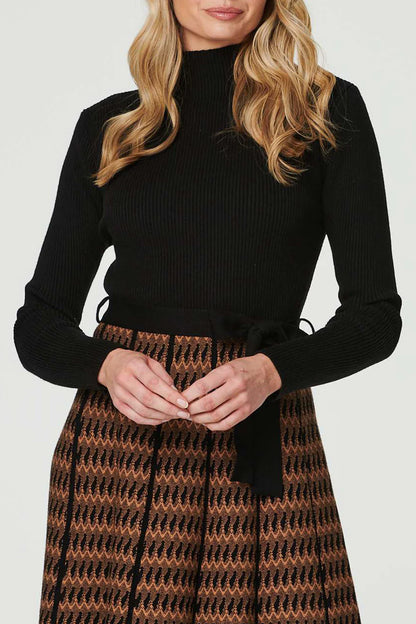 Black and Tan Knit Knee length dress with belt