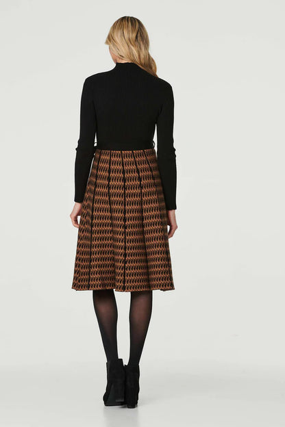 Black and Tan Knit Knee length dress with belt