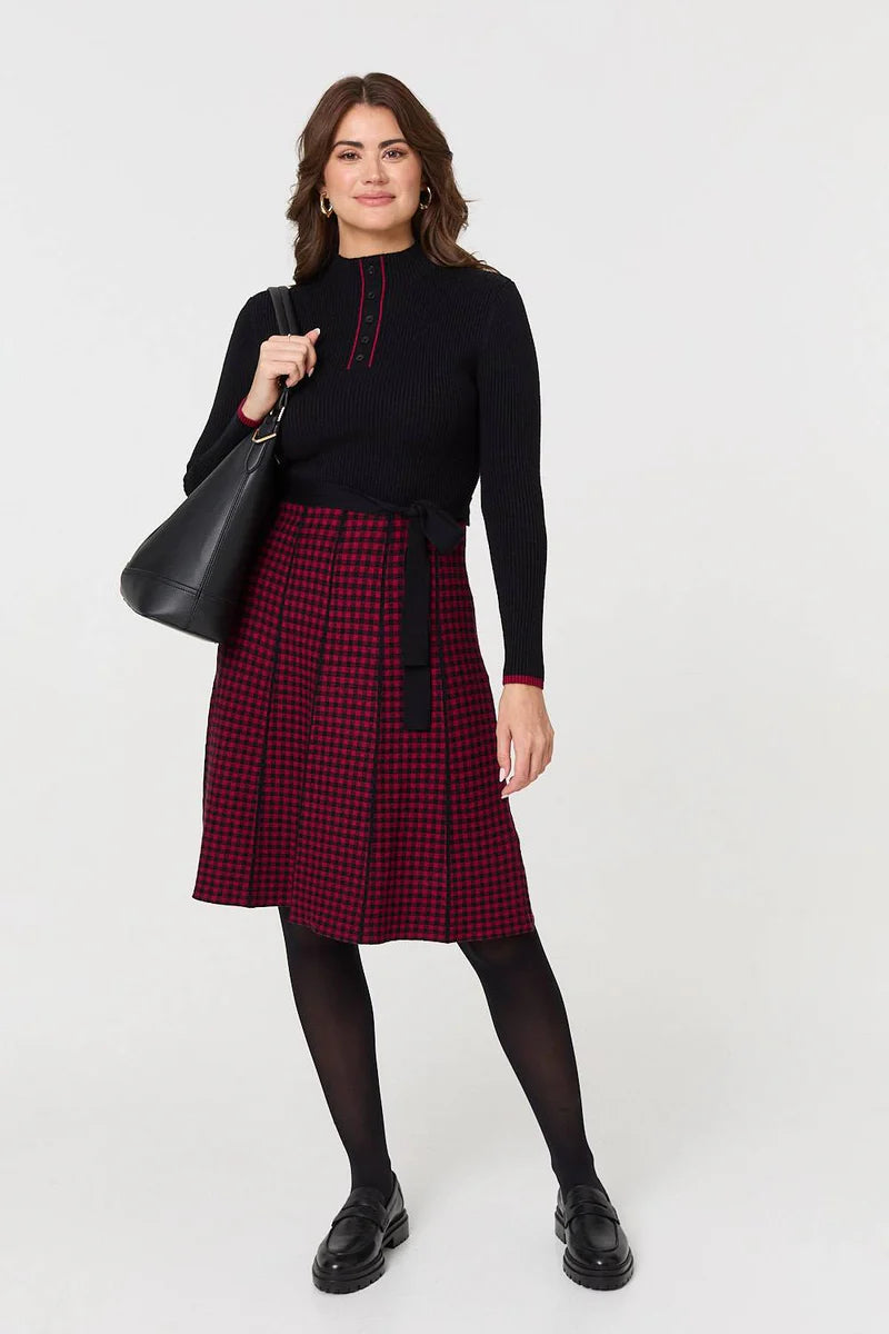 Black and Red Knit Knee length dress with belt