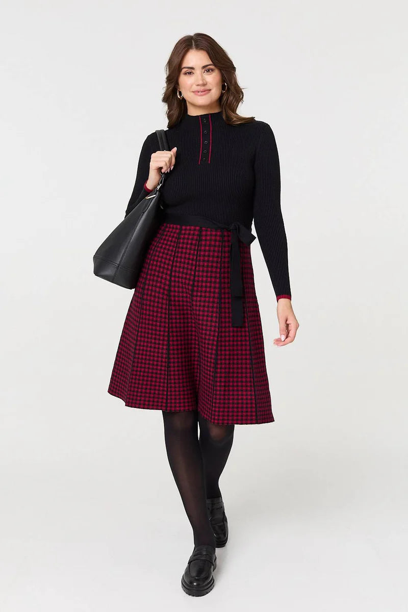 Black and Red Knit Knee length dress with belt
