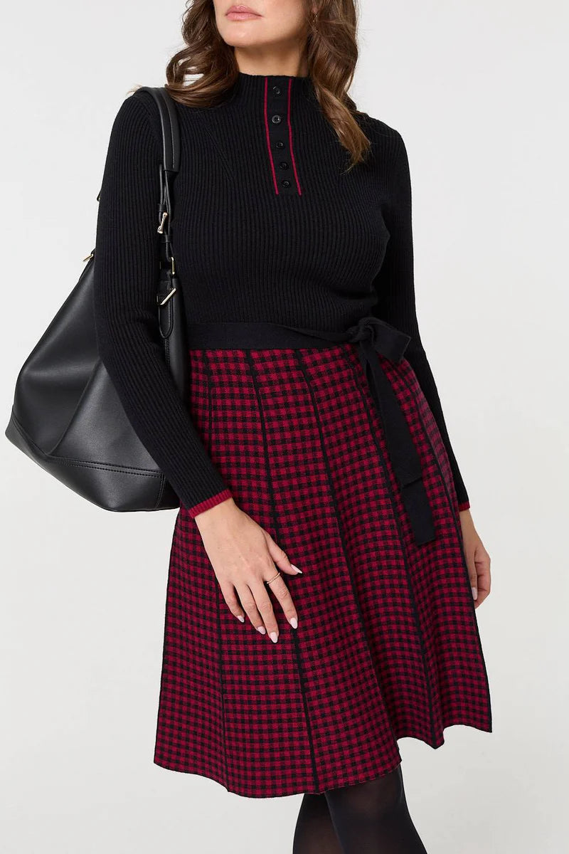 Black and Red Knit Knee length dress with belt